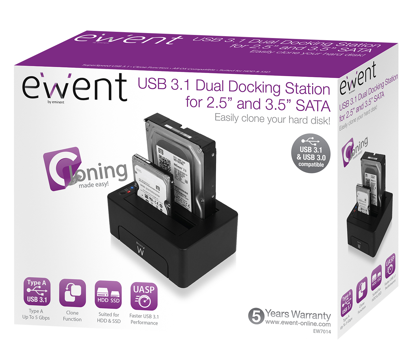 Ewent USB 3.1 Dual Docking Station doboz. Fekete eszköz két merevlemezzel.