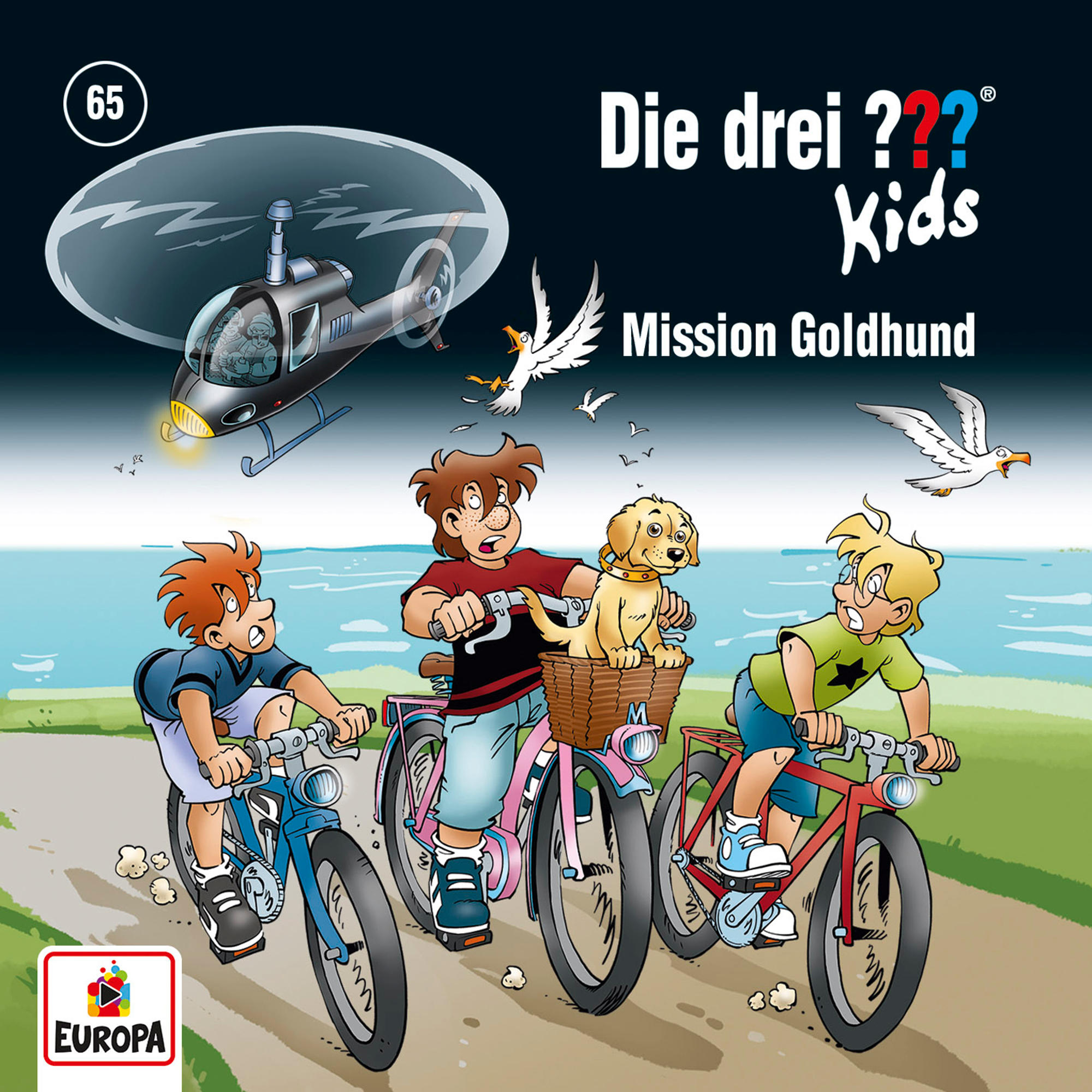 Kinder auf Fahrrädern mit Hubschrauber und Möwen. Text: 'Die drei ??? Kids' und 'Mission Goldhund'.