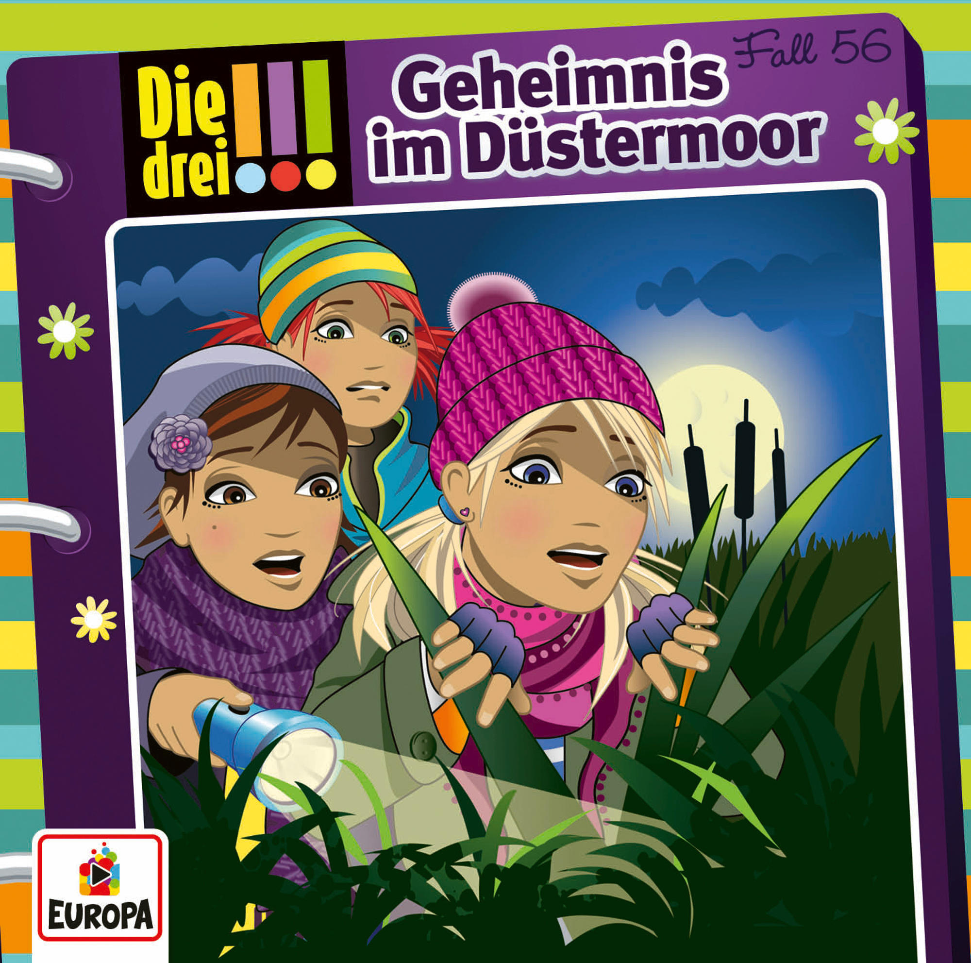 Cover eines 'Die Drei' Buches. Drei Mädchen in einem dunklen Wald, eines hält eine Taschenlampe, besorgt aussehend.
