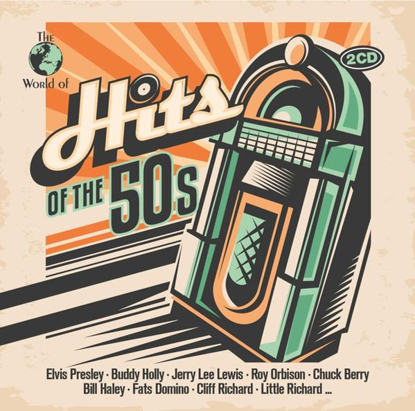 Albumcover mit einer Jukebox-Illustration und Text: „Hits of the 50s“. Orange und Braun.