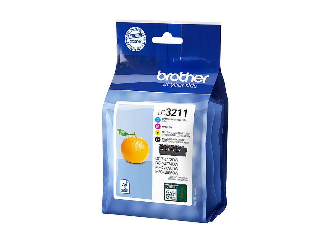 A Brother ink cartridge package. It has a picture of an orange and the product name. The package is blue and white.