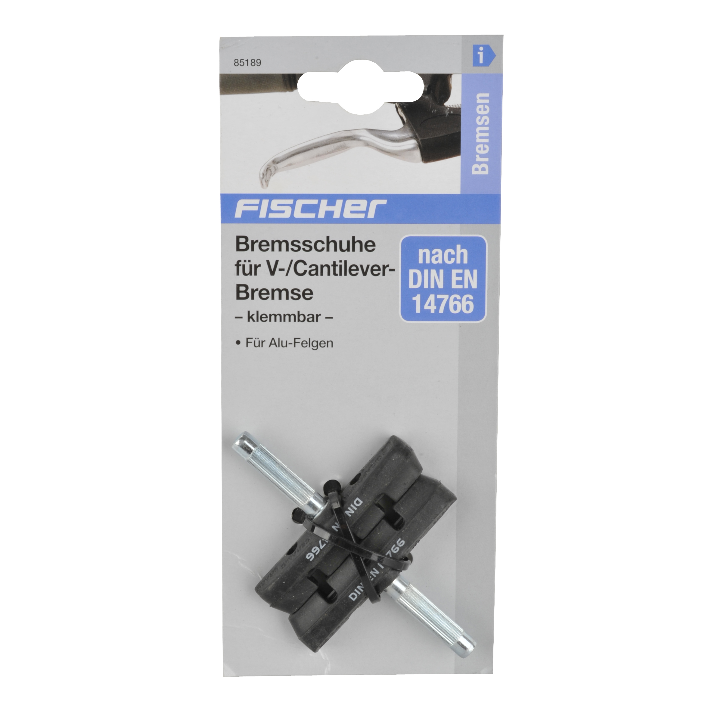 Paket Fahrradbremsbeläge. Schwarze Beläge mit silbernen Pfosten, blau-weiße Verpackung.