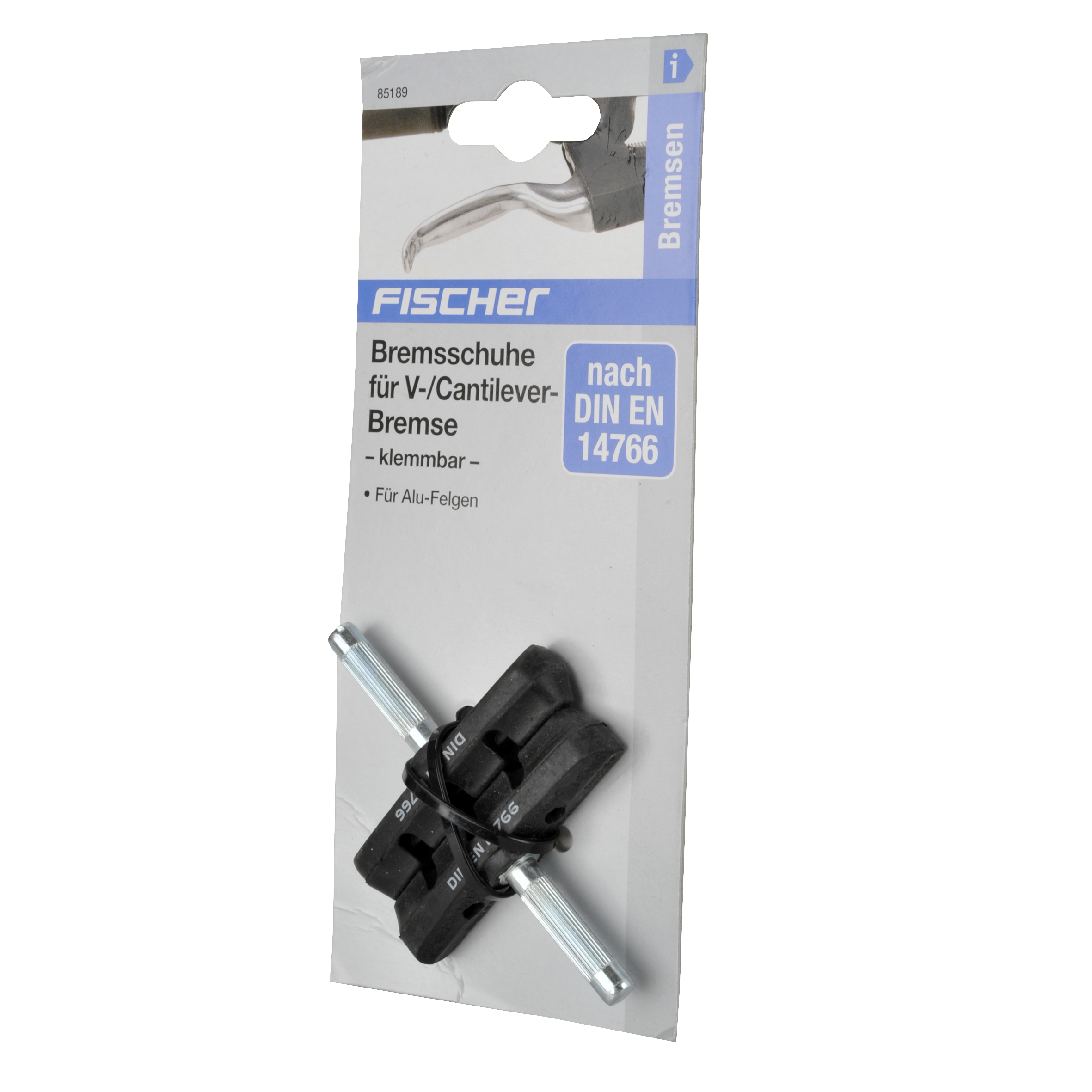 Fischer Bremsschuh-Verpackung mit Bremsschuhen und Metallstangen.