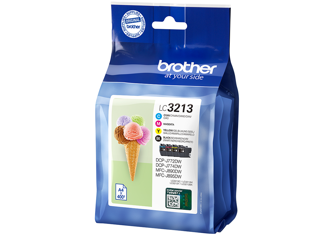 Brother LC3213 ink cartridge pack. Features ice cream cone graphic. Blue packaging. Text includes model numbers and color codes.