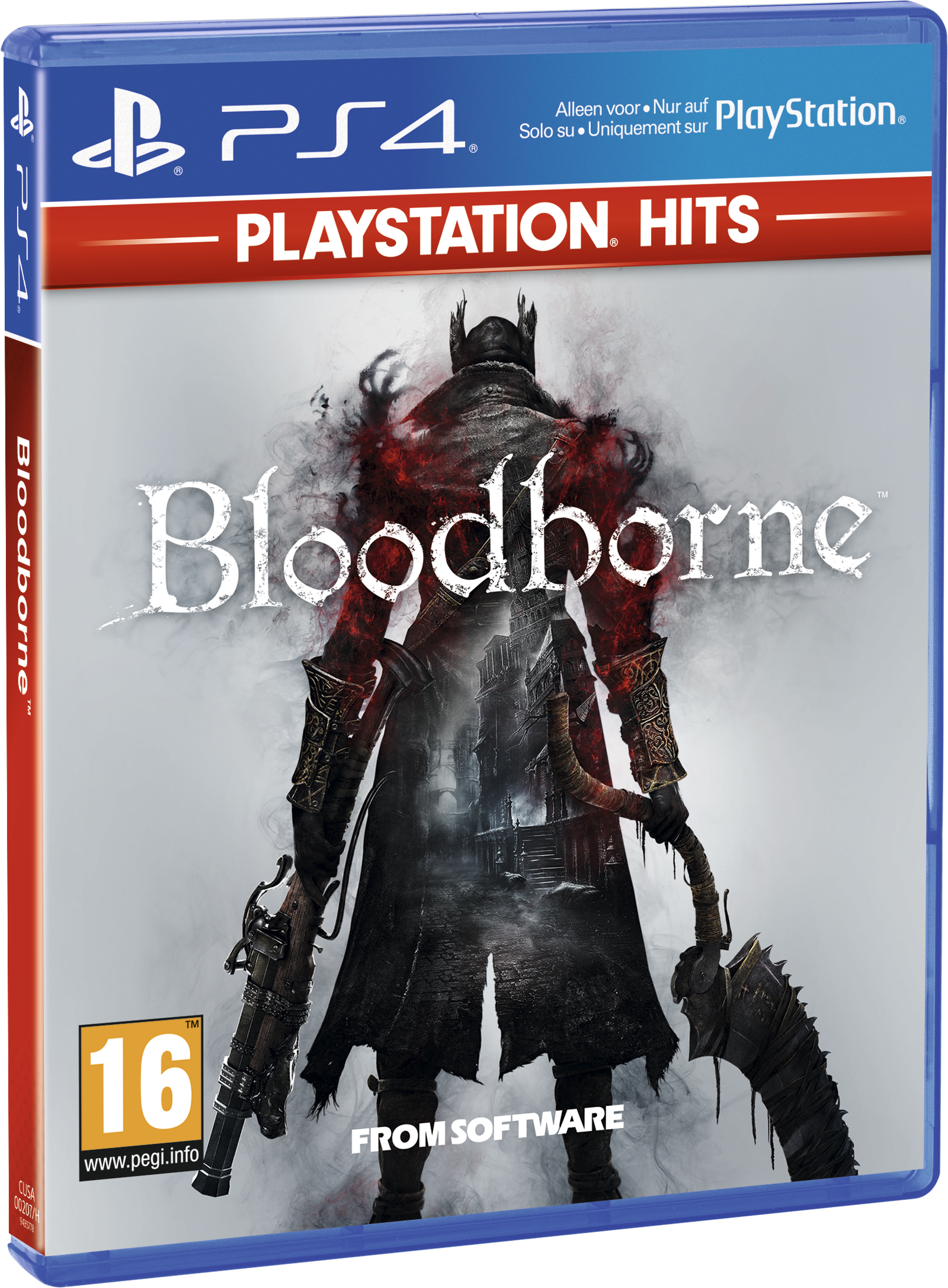 Bloodborne-Spielbox mit dunklem, gotischem Thema. Eine Figur mit Waffe ist zentral.
