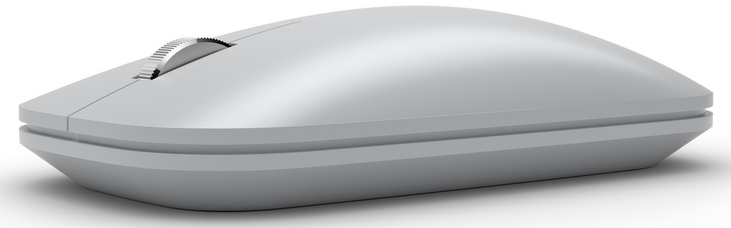 Zilveren, ergonomische computermuis met een scrollwiel. Het is een strak, modern ontwerp.