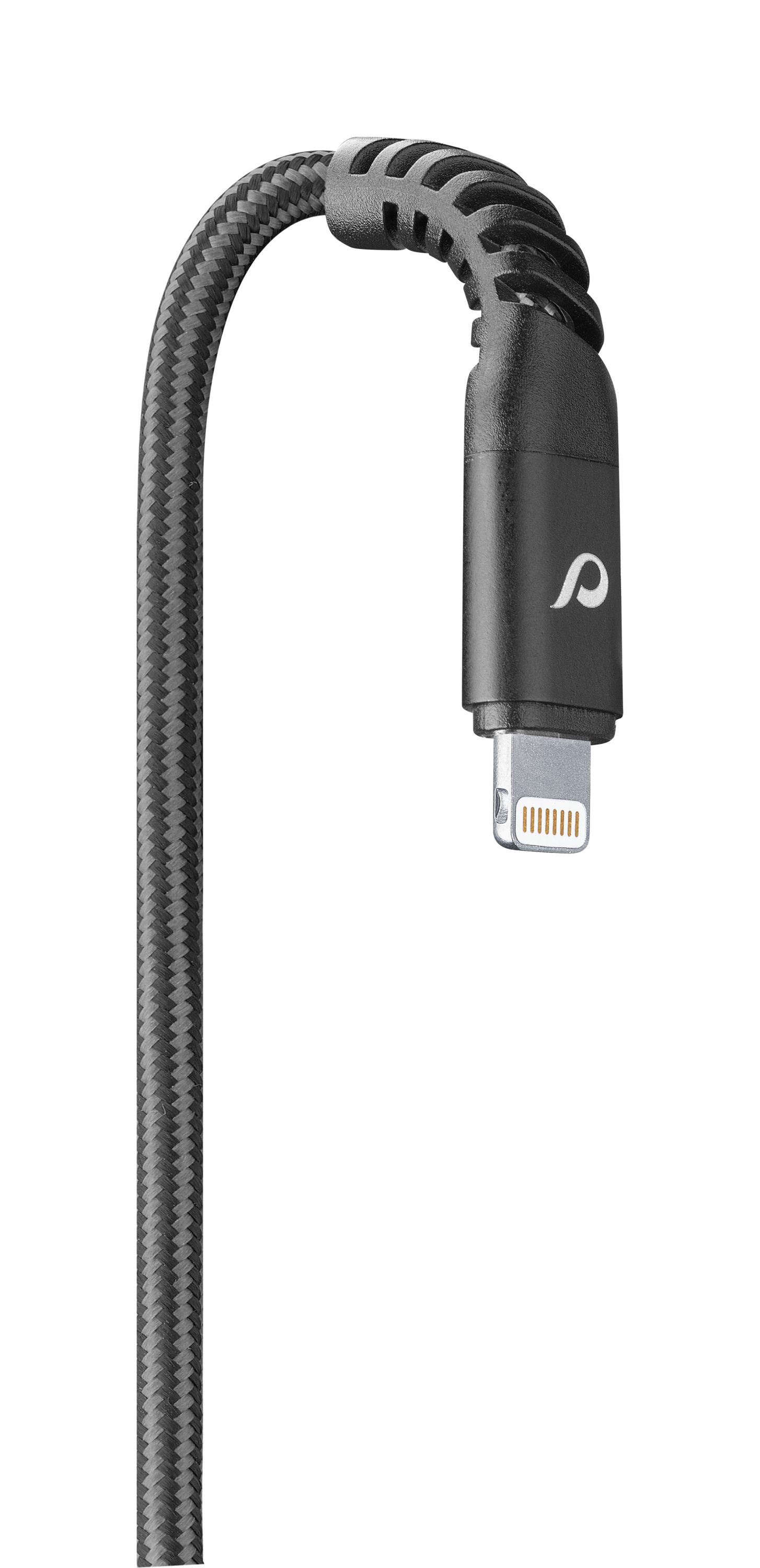 Black cable with a lightning connector. The cable is curved and has a textured surface.