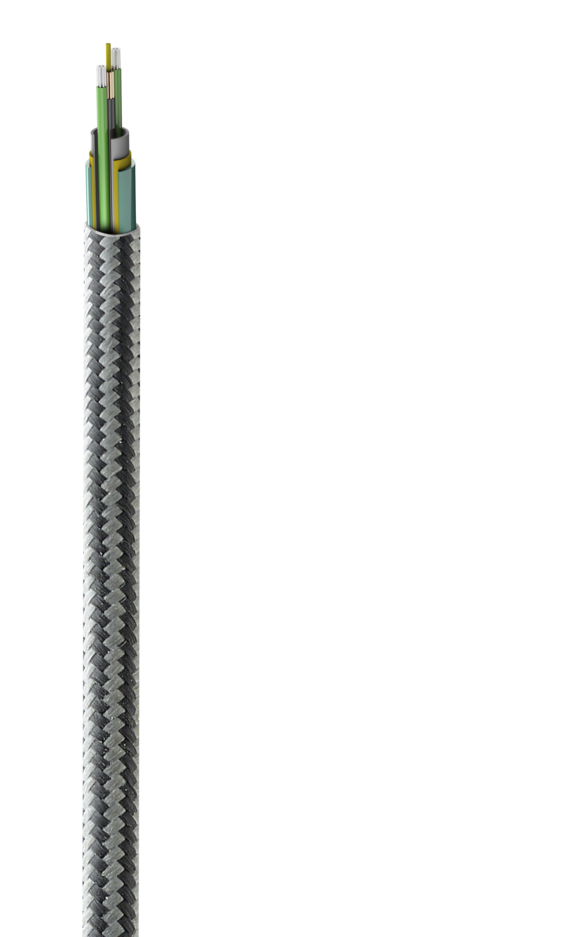 Close-up of a cable with a silver braided cover.