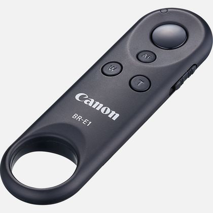 Eine schwarze Canon BR-E1 Kamera-Fernbedienung mit Knöpfen und einer Schlaufe.