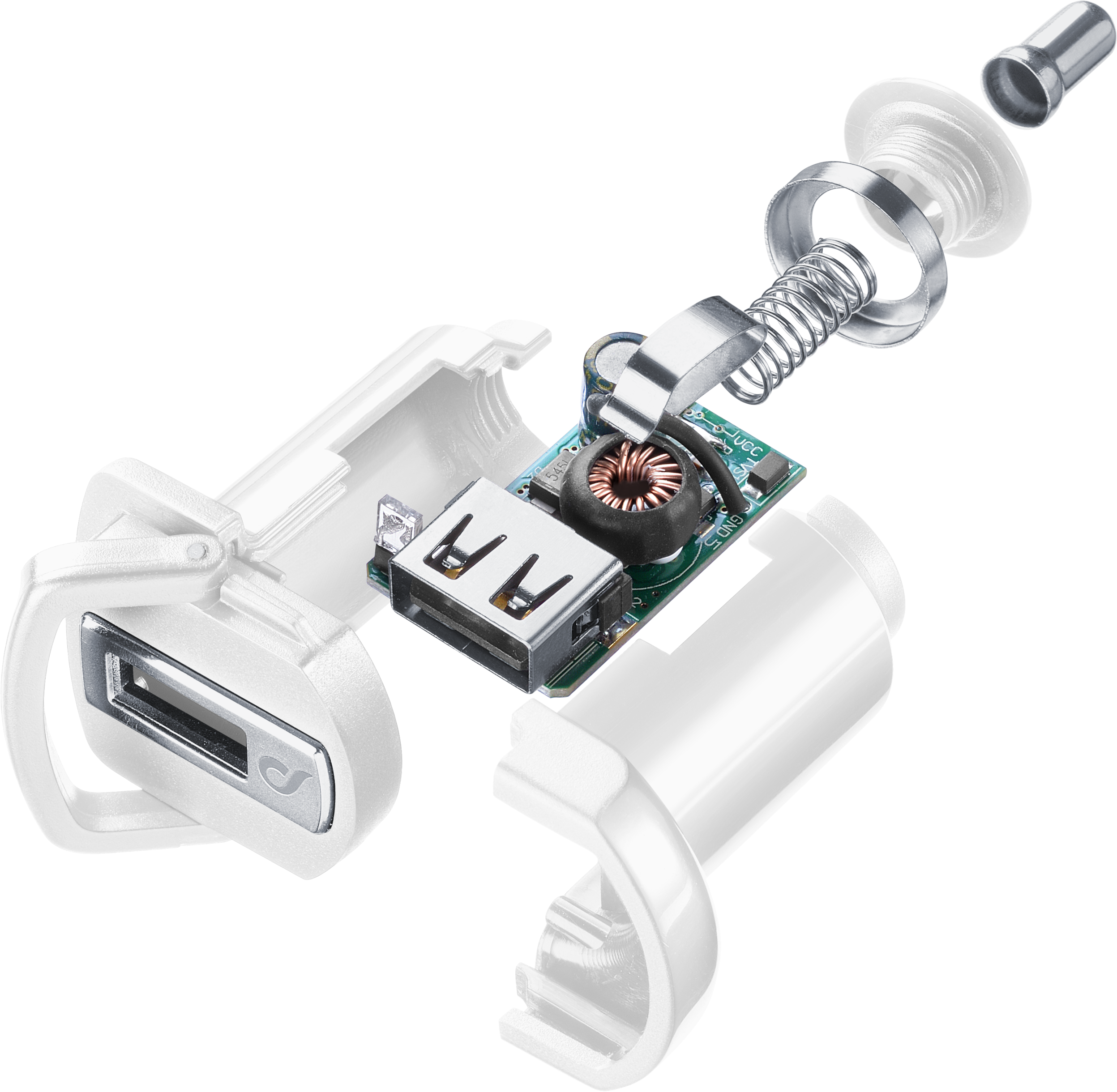 White car charger with internal components exploded and displayed. Has a usb port.