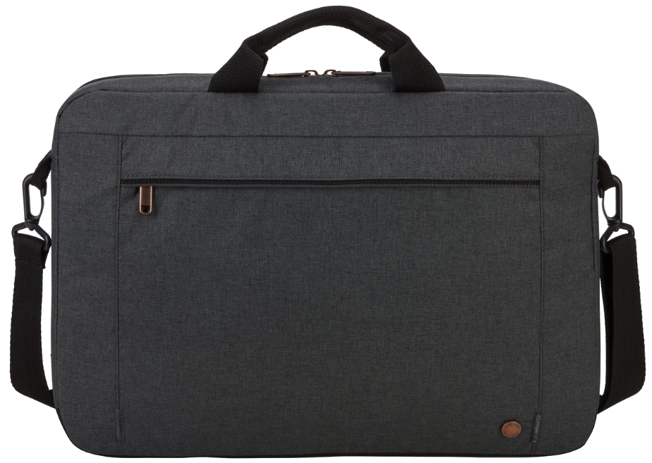 Sötétszürke laptop táska fogantyúval és vállpánttal. Van egy elülső zsebe.