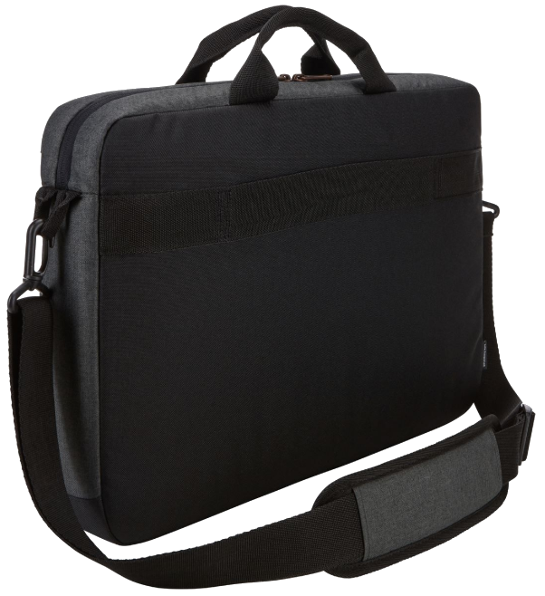 Sötétszürke laptop táska fekete díszítéssel, vállpánttal és hordozófogantyúkkal.
