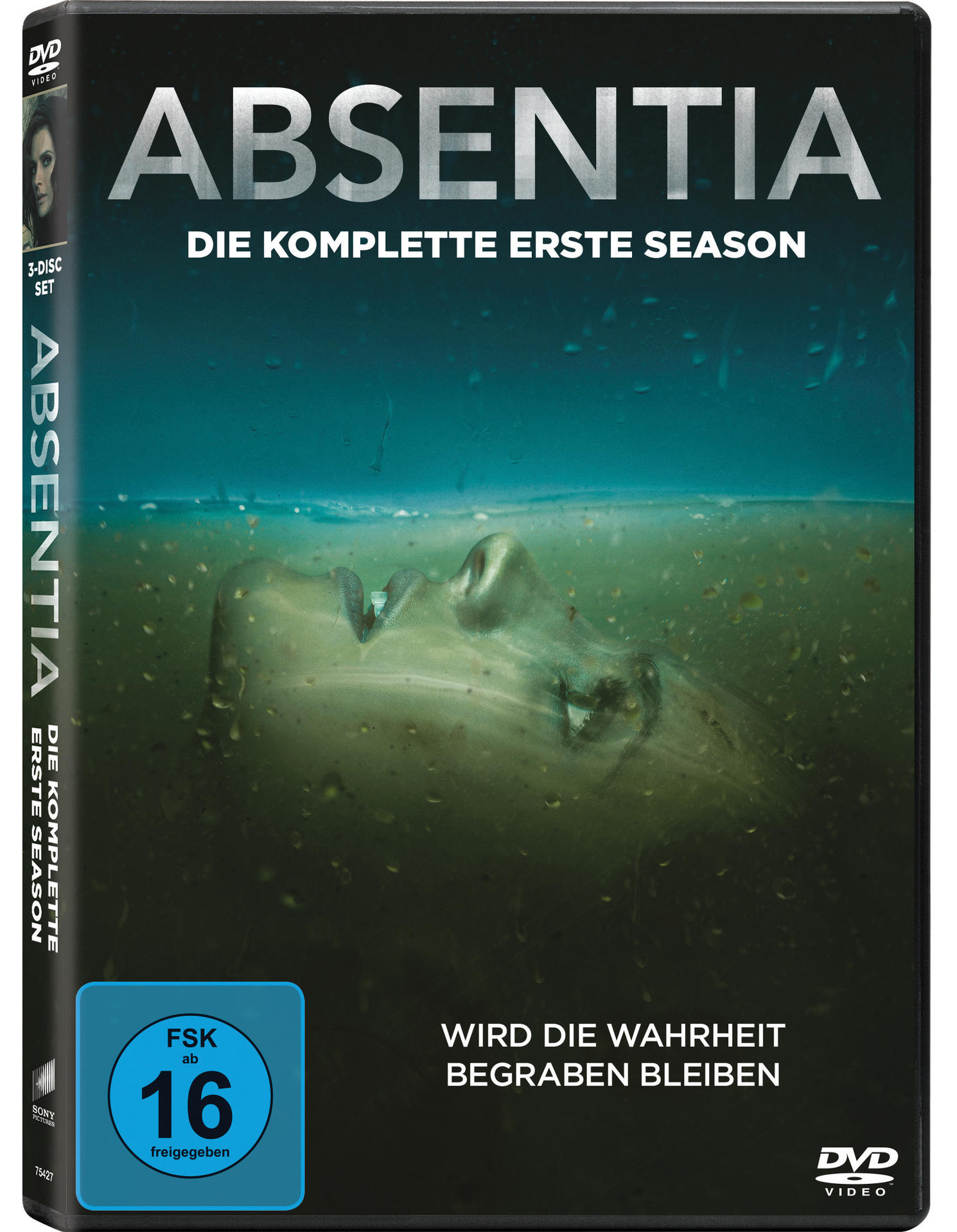 DVD-Hülle für den Film Absentia. Sie zeigt ein Bild eines Gesichts im Wasser.