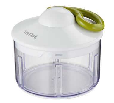 Weißer Tefal-Hacker mit grünem Griff, transparenter Behälter.