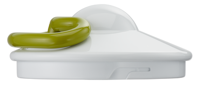 Weißer und grüner Babyflaschenverschluss, einfaches Design, mit einem grünen Griff.