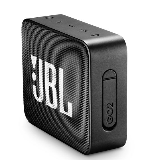 Beyaz JBL logosu olan siyah bir JBL GO 2 hoparlör.