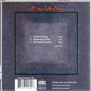 Rückseite einer Klaus Schulze CD-Hülle mit Titelliste und Albumdetails.