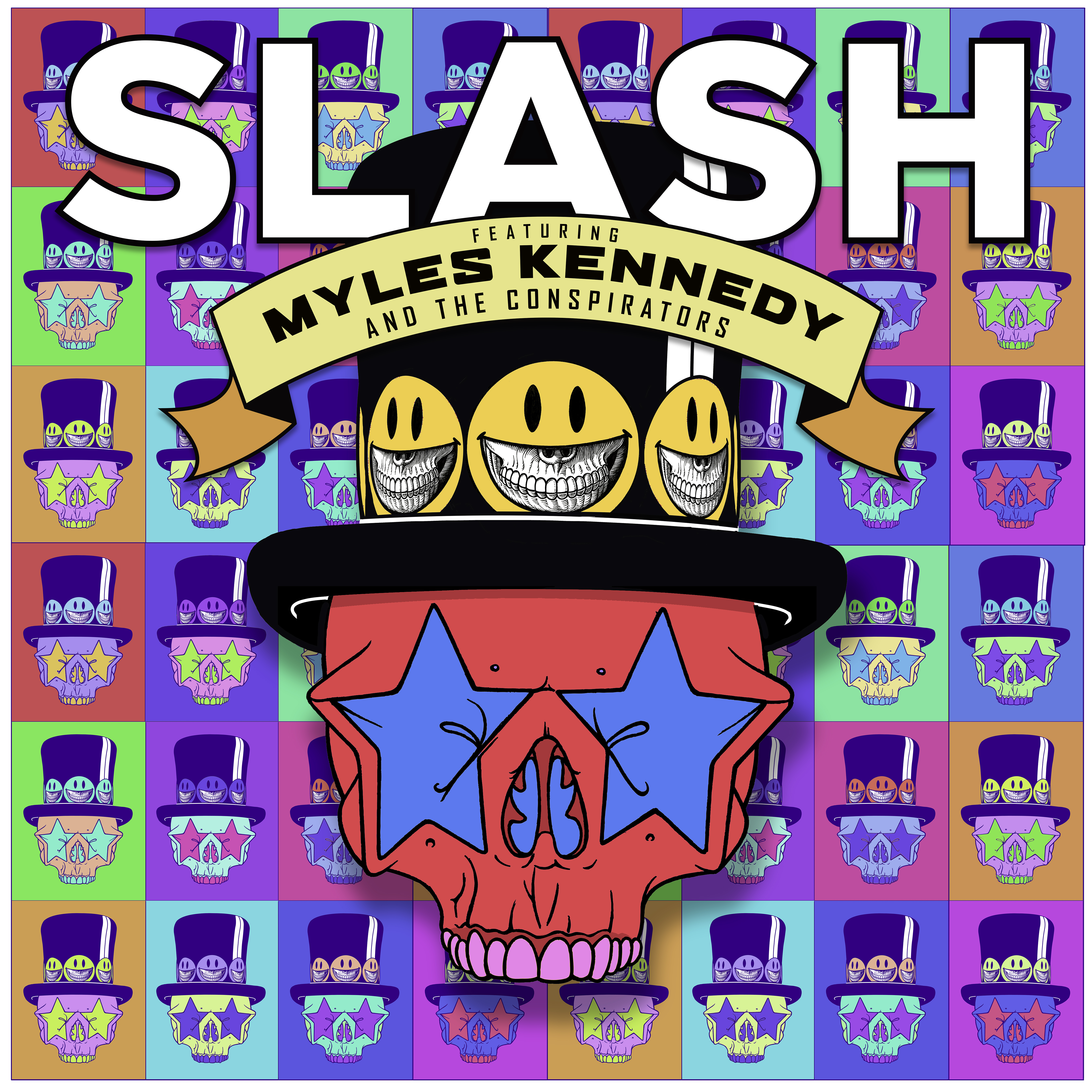 Slash-Albumcover mit einem Totenkopf, der einen Hut mit Smiley-Gesichtern trägt.