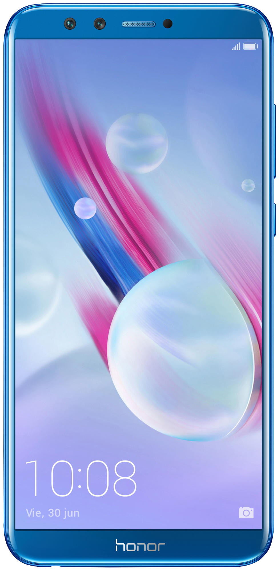 Smartphone azul con pantalla curva y parte trasera con degradado azul. La hora es 10:08.