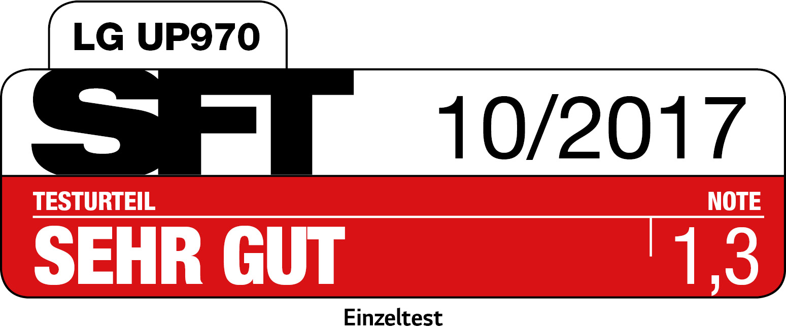 SFT Logo mit Text 'SEHR GUT' und '1,3', plus 'LG UP970'.