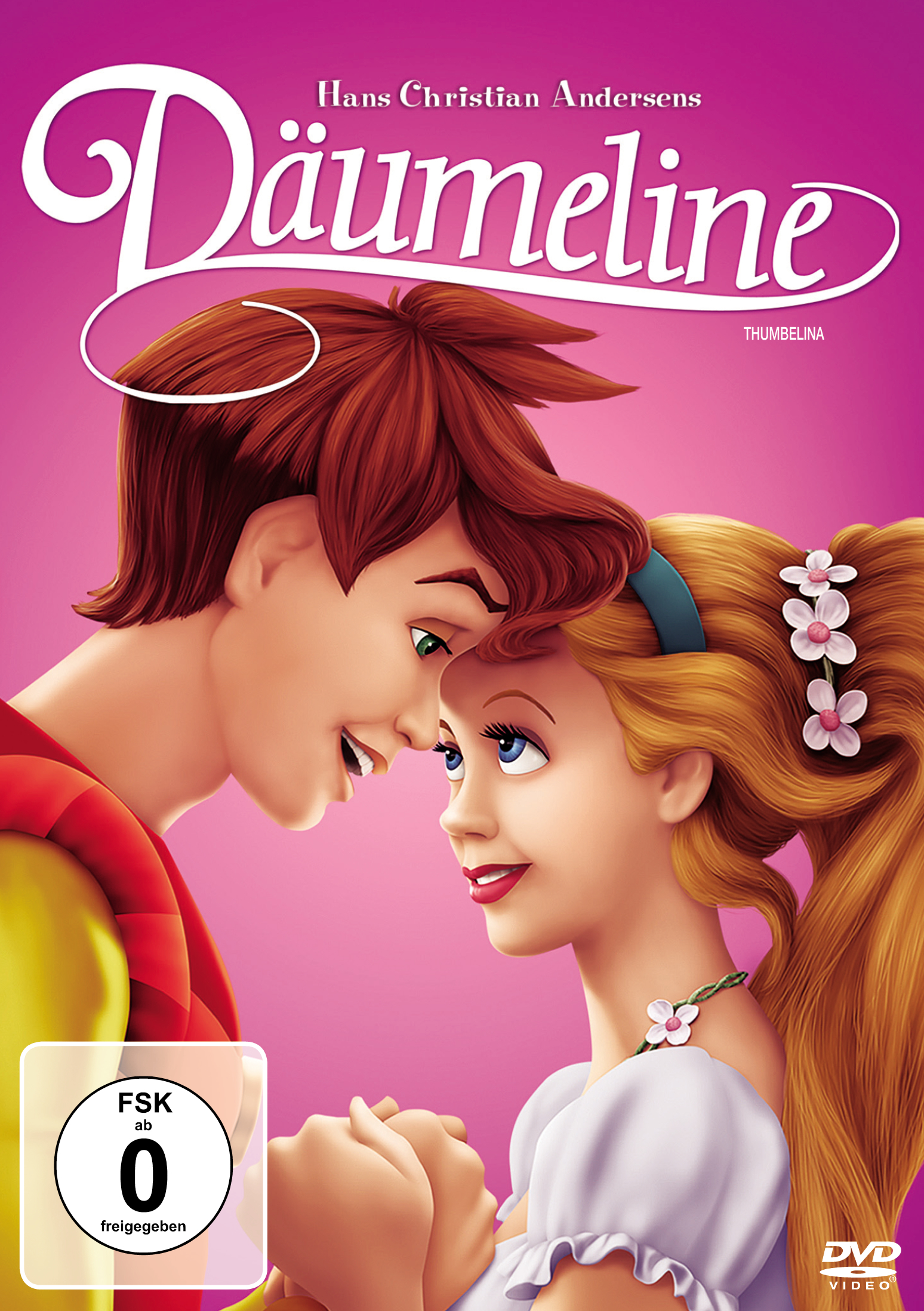 DVD-Cover eines Zeichentricks. Ein Paar schaut sich an. Blondes Mädchen mit Blumen im Haar.