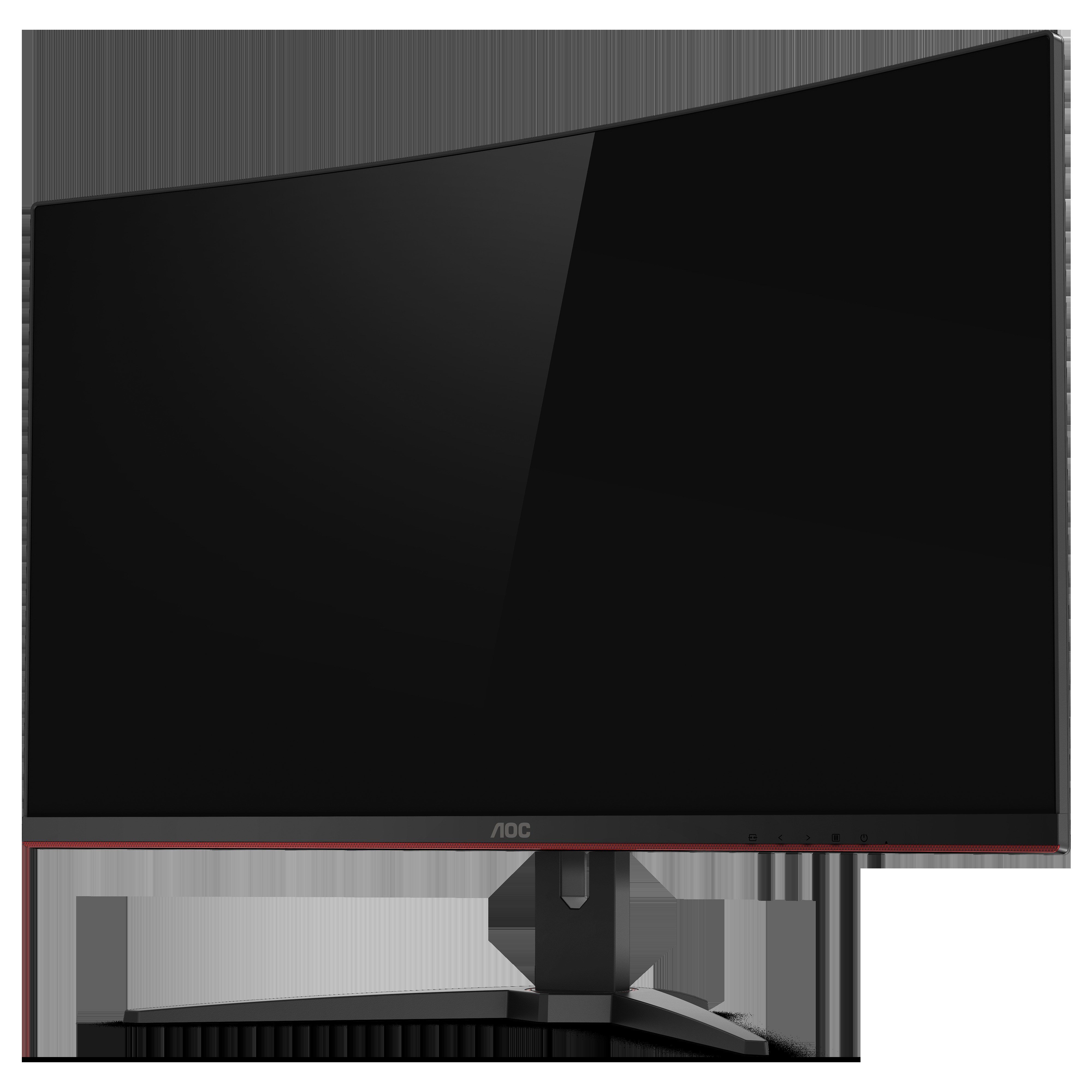 Ein gebogener Monitor mit schwarzem Bildschirm, roten Akzenten und dem AOC-Logo unten.