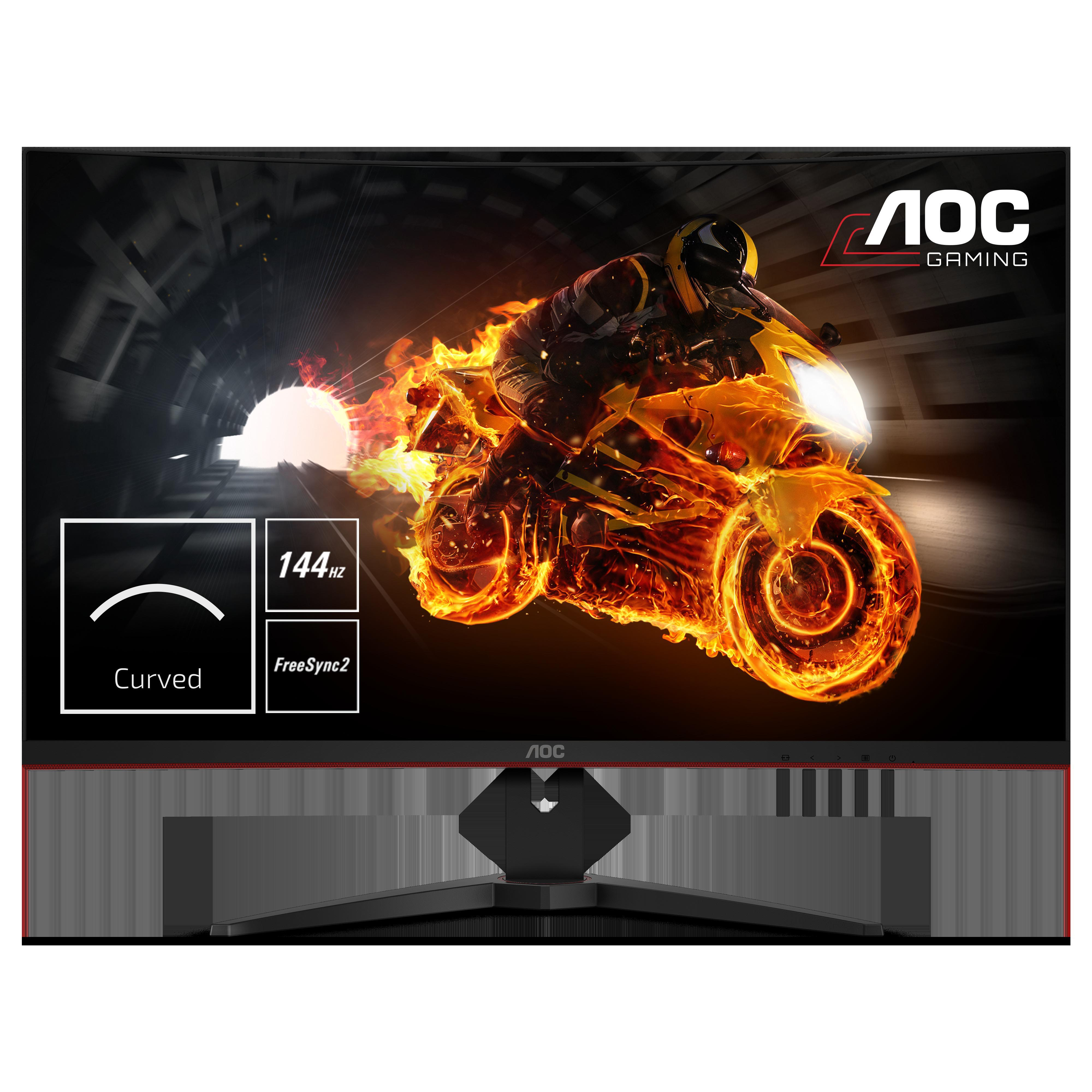 AOC Gaming-Monitor, der ein Motorrad in Flammen zeigt. Zu den Merkmalen gehören gekrümmt und 144 Hz Bildwiederholfrequenz.