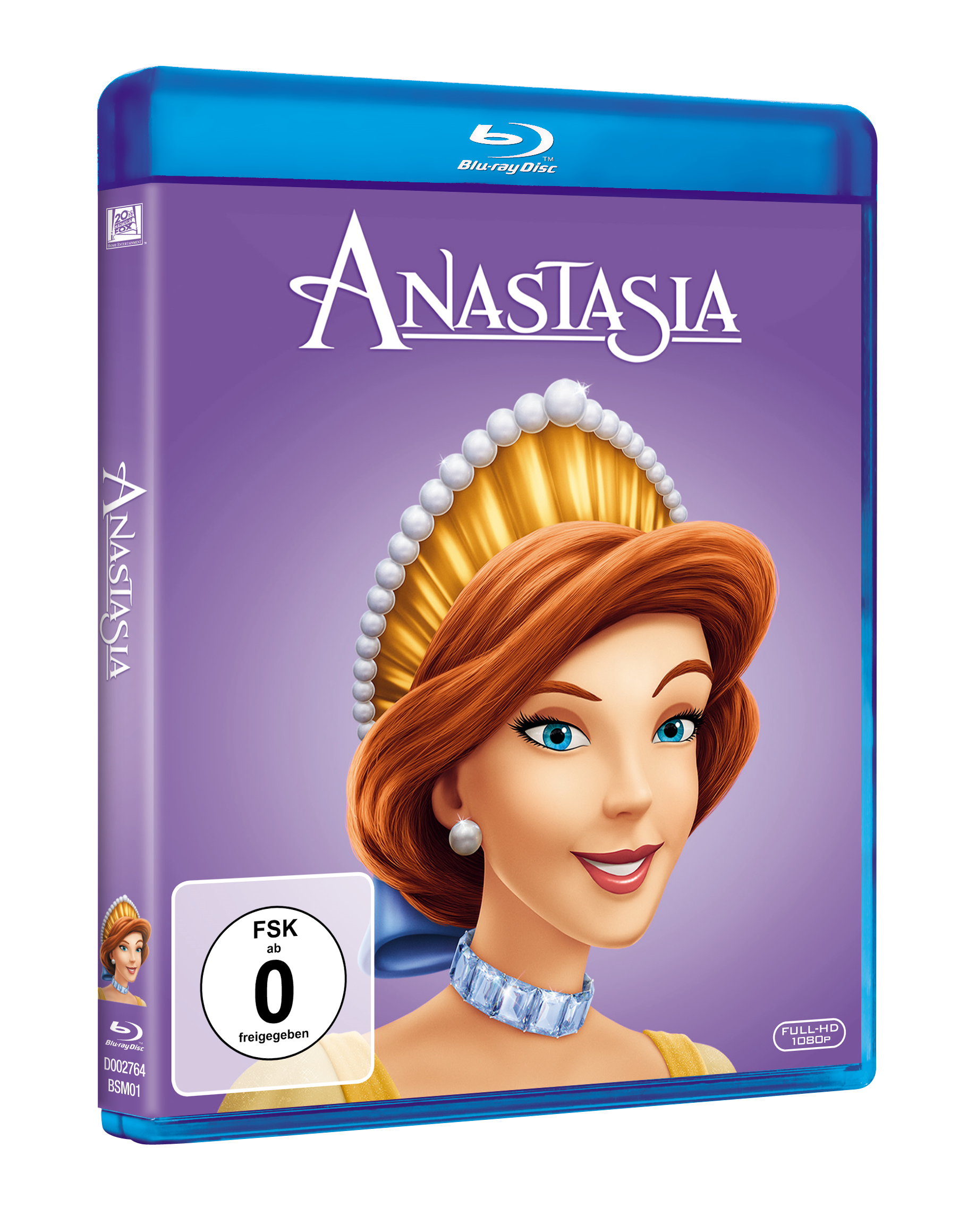 Anastasia Blu-ray-Hülle mit Animation einer Frau auf lila Hintergrund.