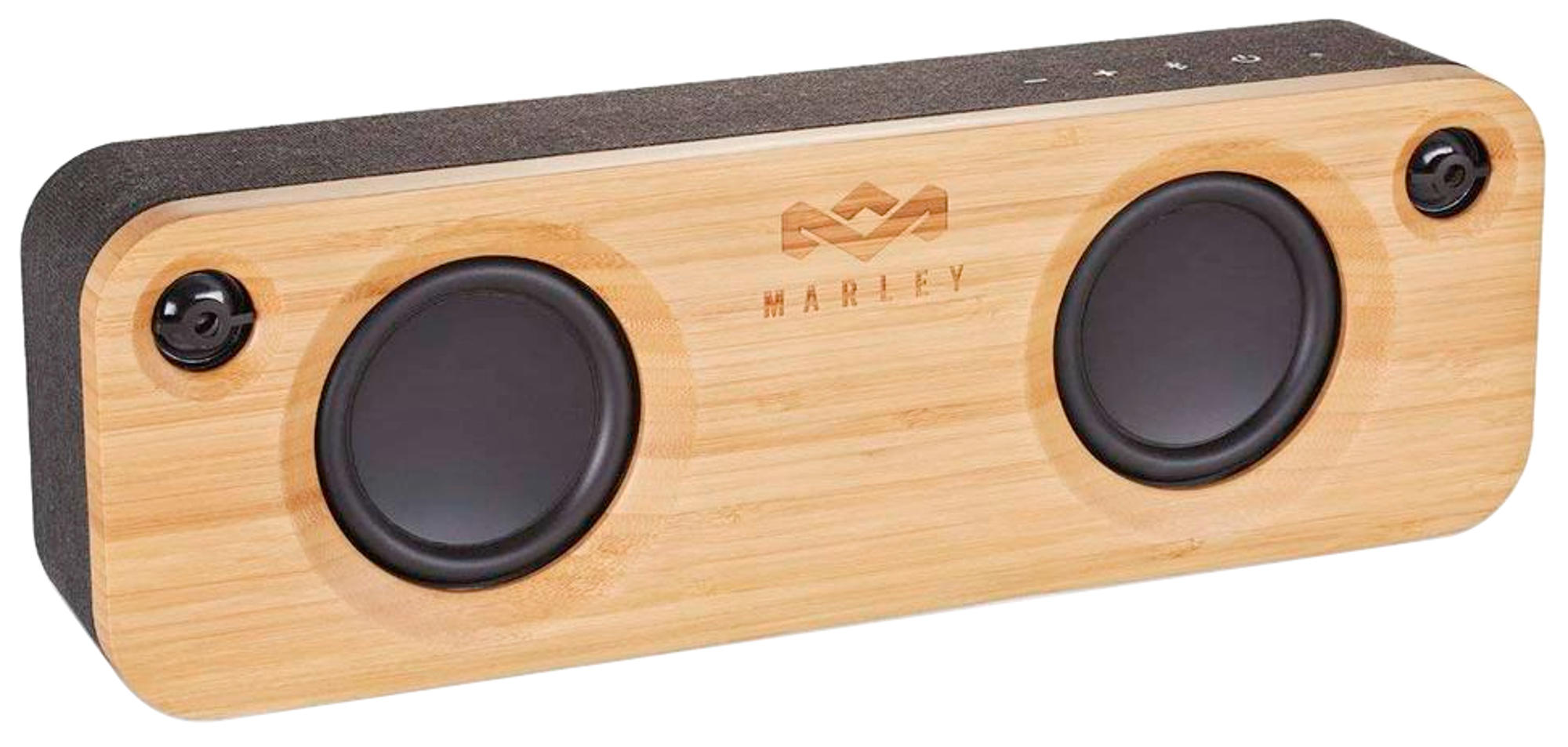 Een Marley bamboe luidspreker. Hij heeft twee zwarte luidsprekers en een logo. De bovenkant is donkergrijze stof.
