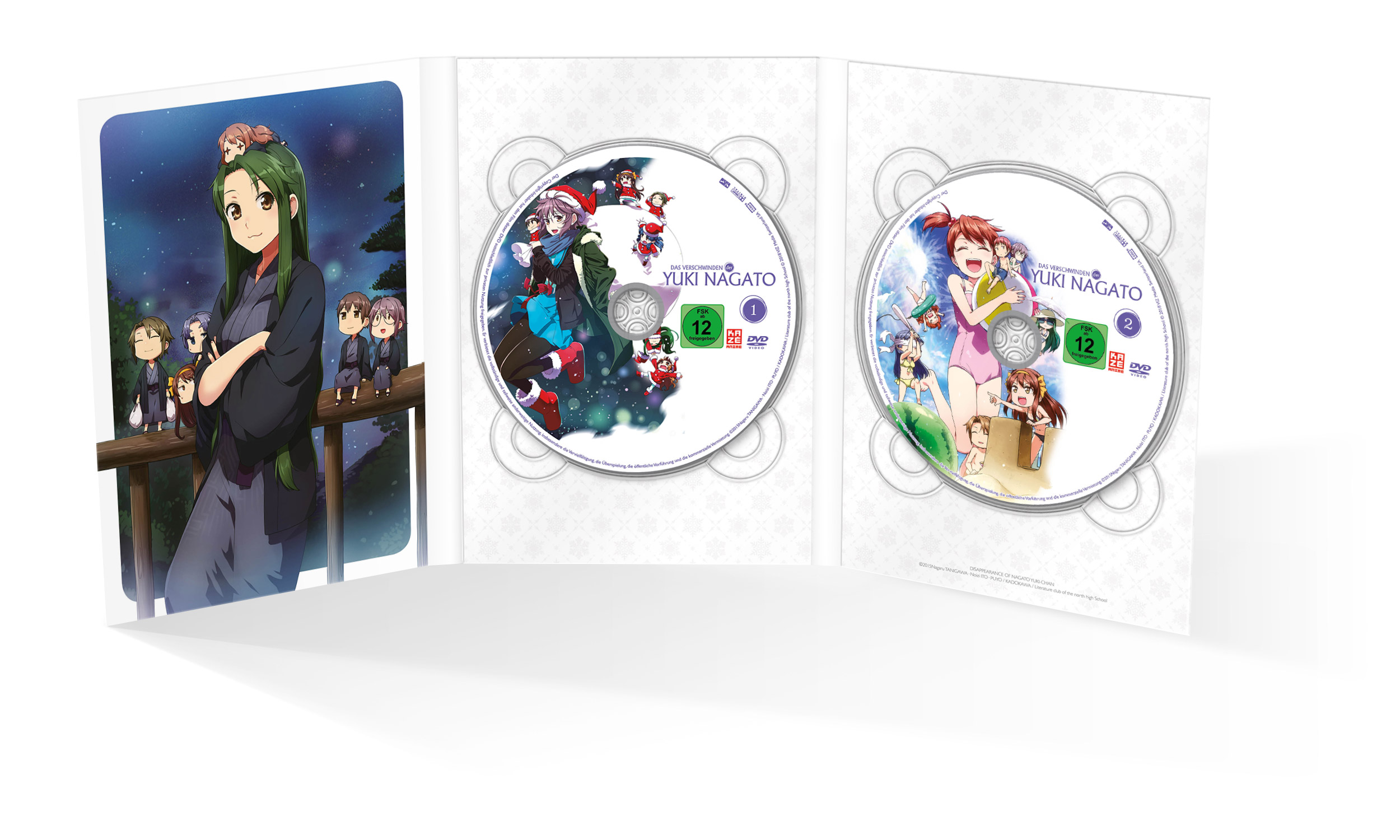 Geöffnete DVD-Hülle mit zwei Discs. Anime-Charaktere befinden sich auf der Hülle und den Discs.
