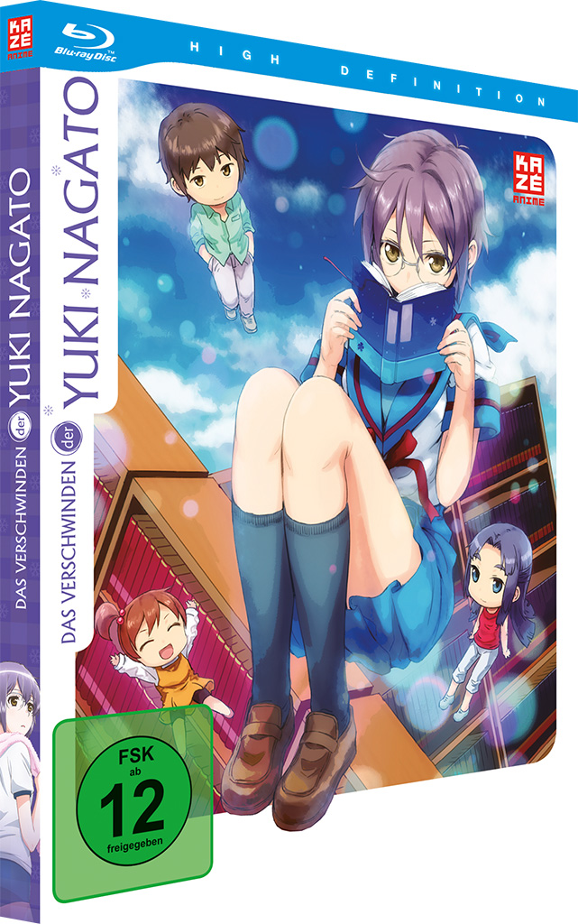 Anime-DVD-Cover. Ein Mädchen liest ein Buch, umgeben von Anime-Charakteren und einer Stadtkulisse.