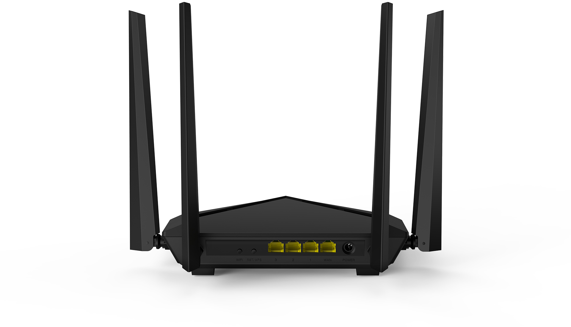 Egy fekete router antennákkal, hátulról. Van rajta táp-, LAN- és reset port.