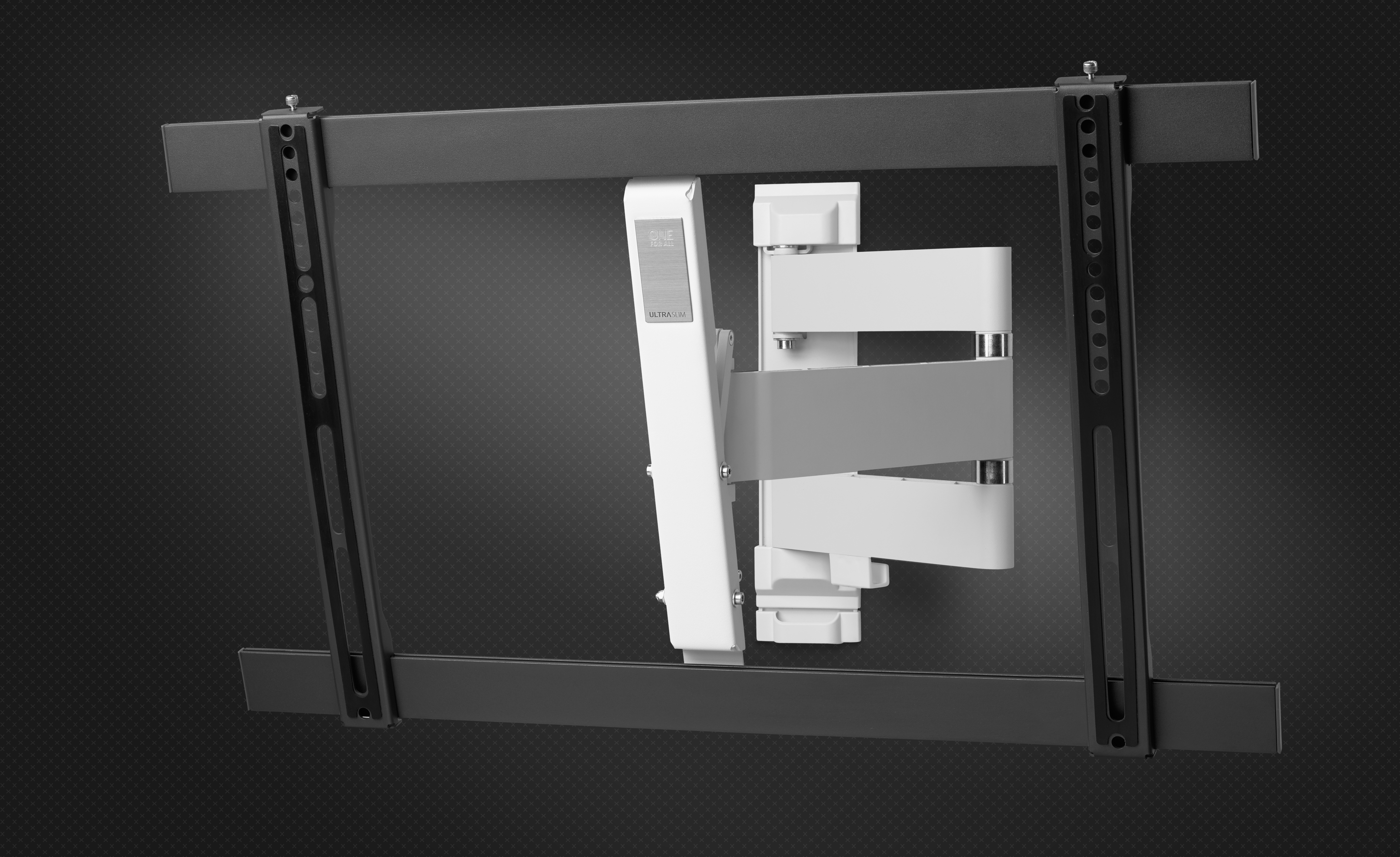 TV-Halterung mit schwarzen Balken und weißem Zentralmechanismus vor dunklem Hintergrund.