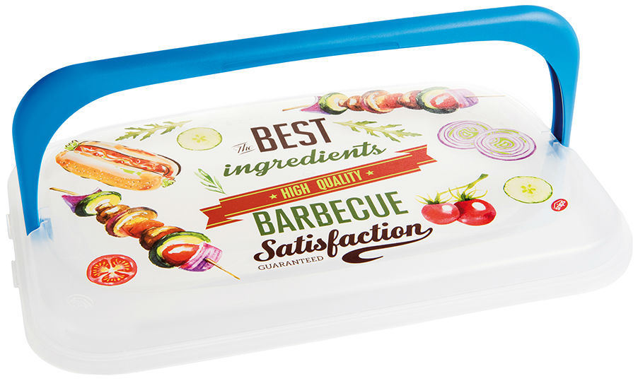 Fehér és kék grilltálca ételképekkel és a 'Best Ingredients' felirattal.