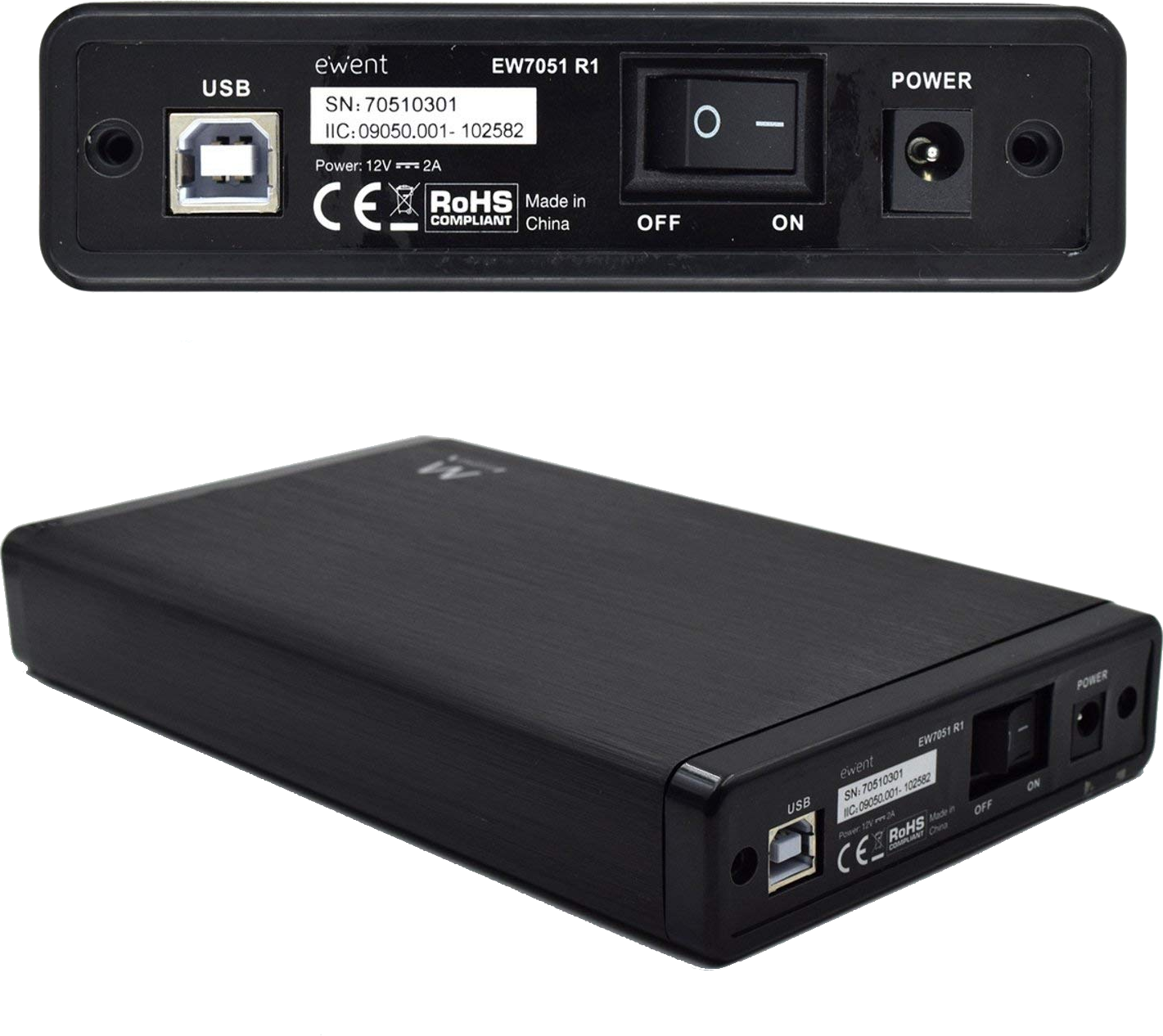 Egy fekete eszköz USB porttal, bekapcsolóval és tápbemenettel. A készülék márkája 'ewent', modellje 'EW7051 R1'.
