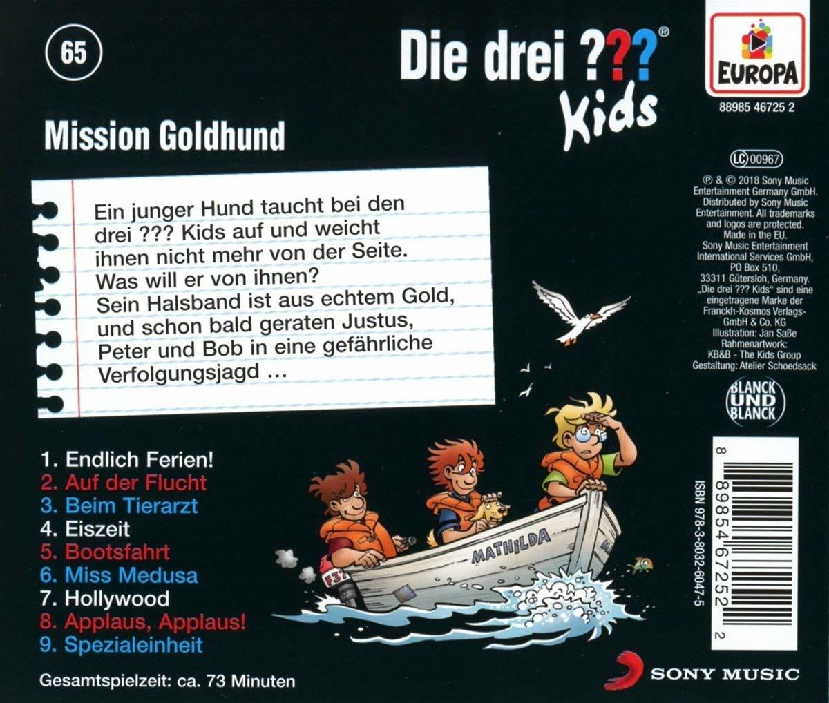 Cover des Buches 'Die drei ??? Kids', mit drei Kindern in einem Boot, Titel und einer Liste von Geschichten.