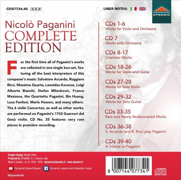 CD-Cover für Nicolo Paganini Complete Edition. Text auf rotem Hintergrund mit weißem Rand.