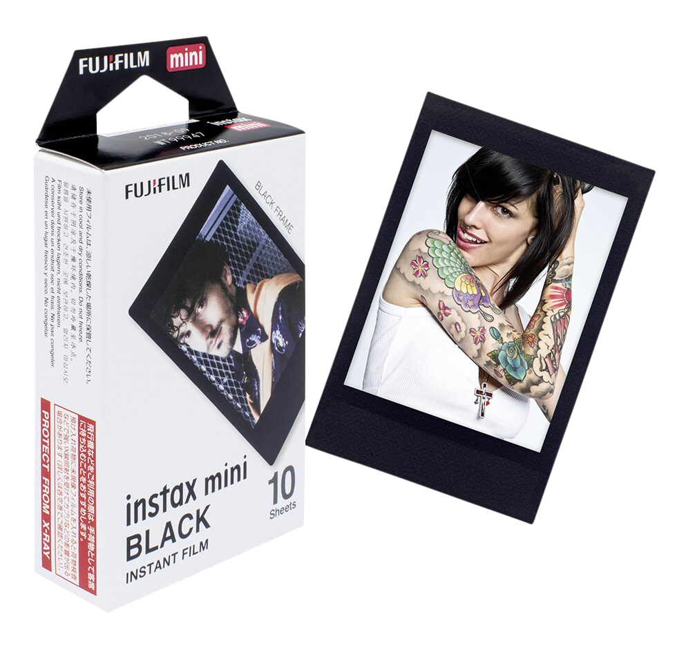 Instax Mini filmdoboz tetovált nő fotójával. A doboz fekete-fehér.