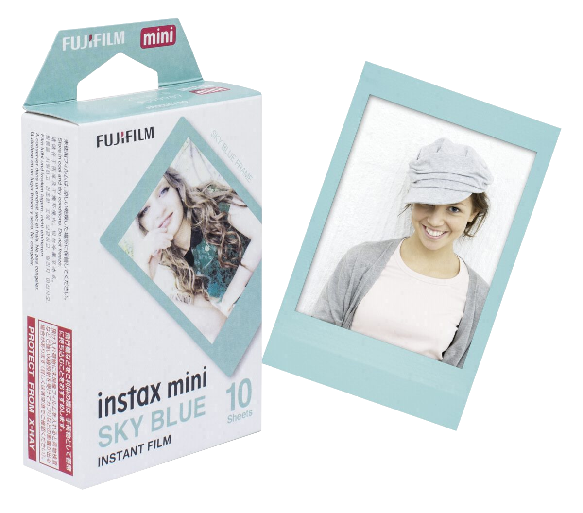 Instax Mini film doboz és egy égkék keretes fotó, mosolygó nővel.