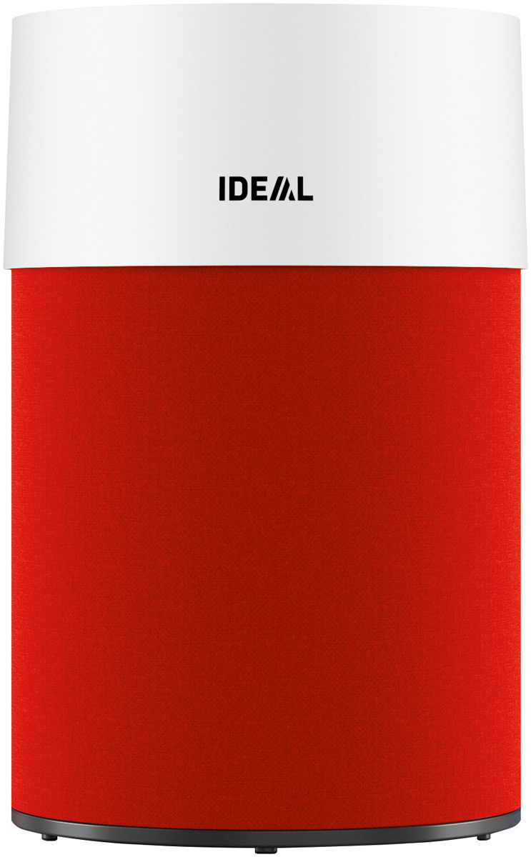 Ein zylindrischer Luftreiniger mit weißem Oberteil und rotem Korpus. Das Wort 'IDEAL' steht oben.