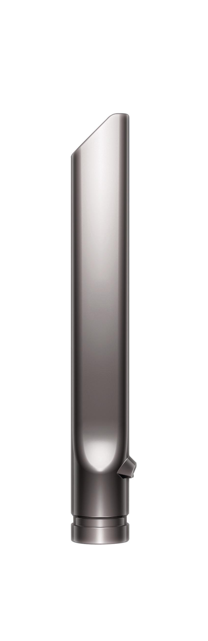 Ein glänzender, metallischer, grauer Staubsaugeraufsatz, vertikal, mit einem kleinen Entriegelungsknopf an der Seite.