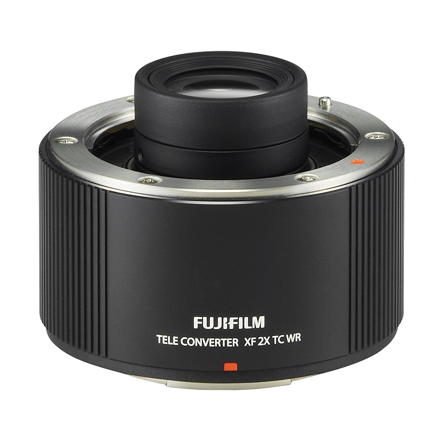 Egy fekete Fujifilm telekonverter piros ponttal és ezüst gyűrűkkel. Hengeres.