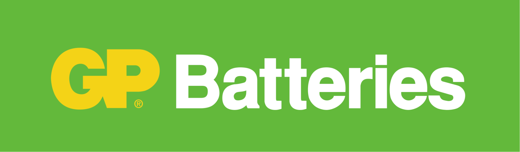 Een groene banner met het logo "GP Batteries" in wit en geel.