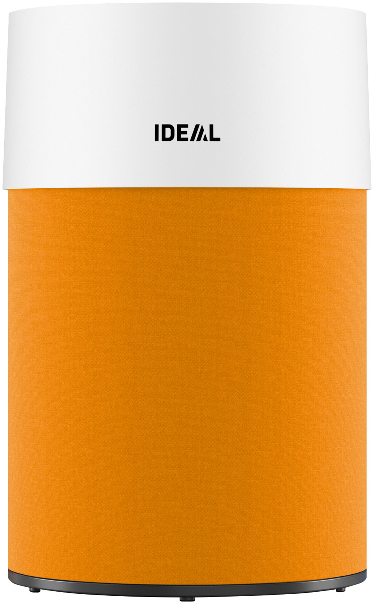 Ein orangefarbener und weißer zylindrischer Ideal-Luftreiniger. Das Wort Ideal steht oben.