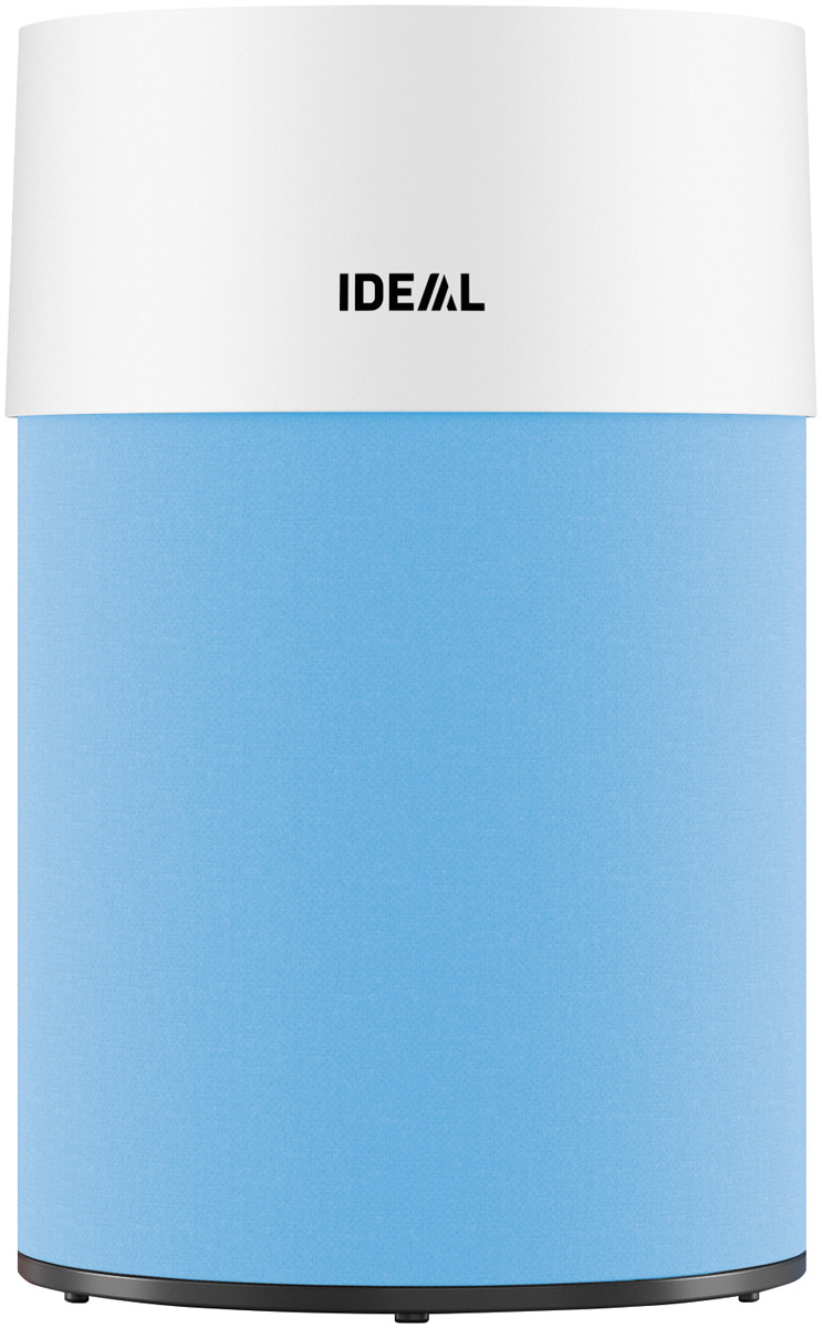 Ein blau-weißer Luftreiniger mit dem Wort IDEAL darauf.