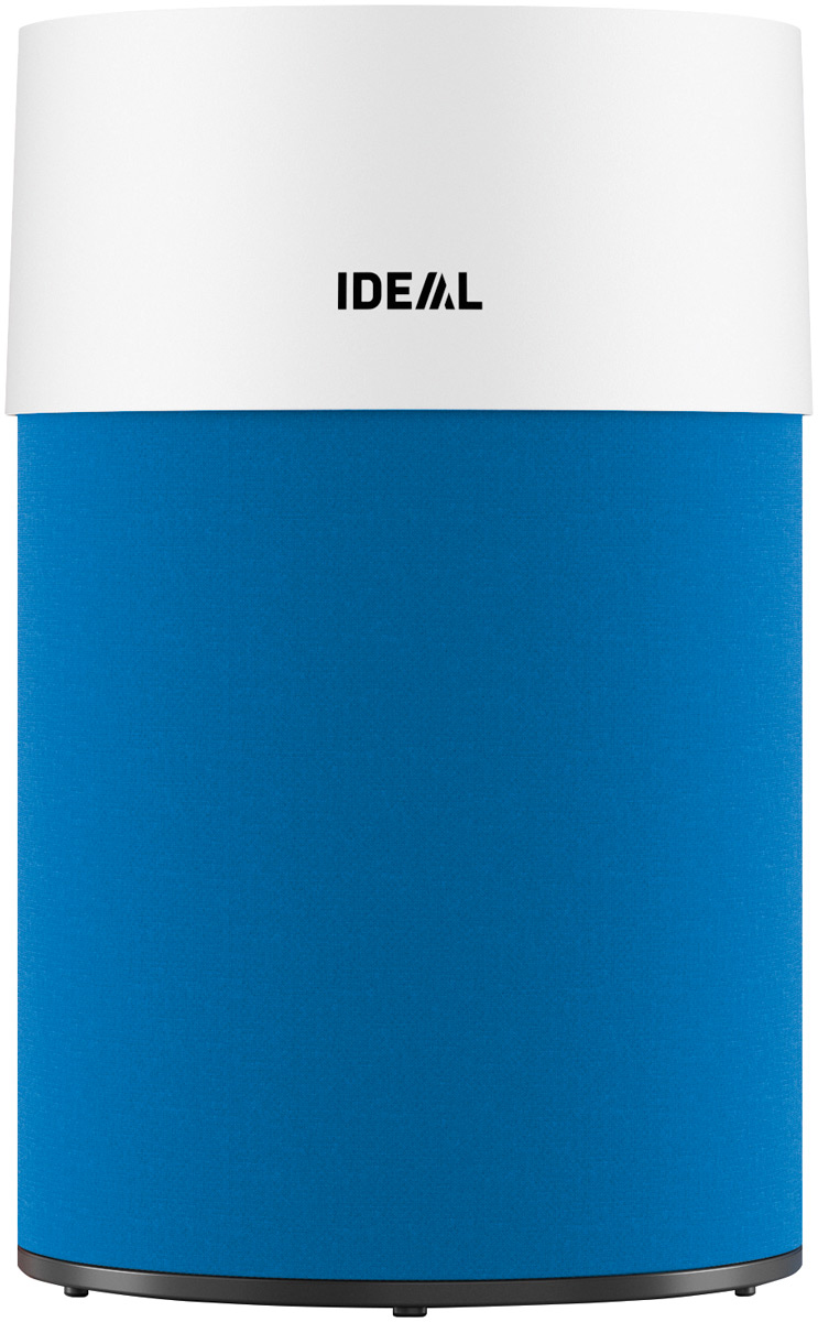 Zylindrischer Luftreiniger, blauer Körper mit weißem Deckel, IDEAL Logo sichtbar.