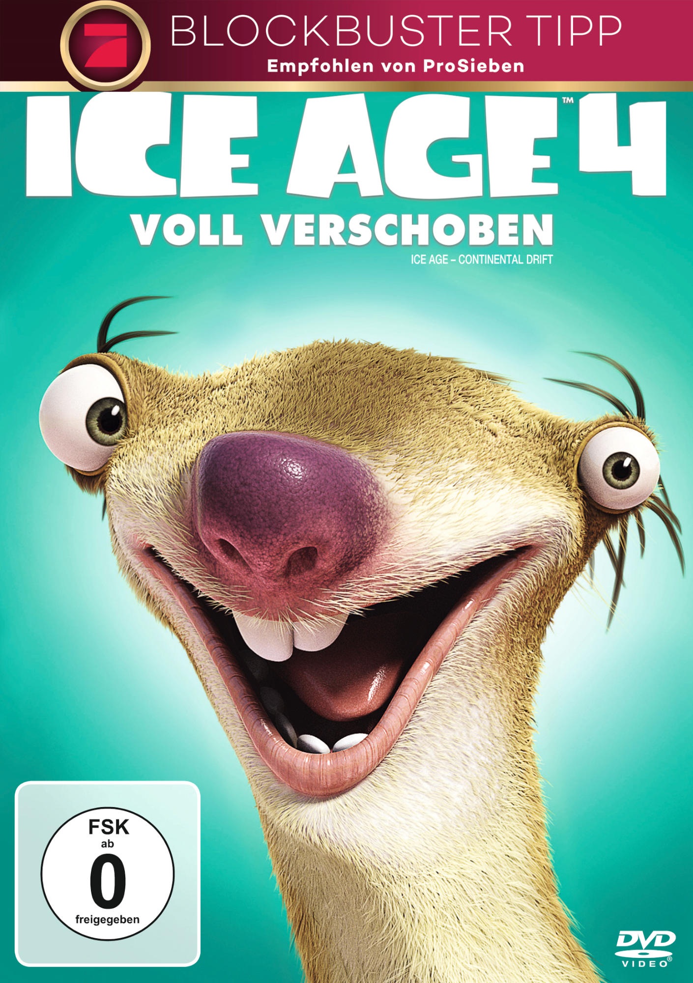 Ice Age 4 DVD-Cover: Faultier Sid lächelt. Der Hintergrund ist grün und blau.