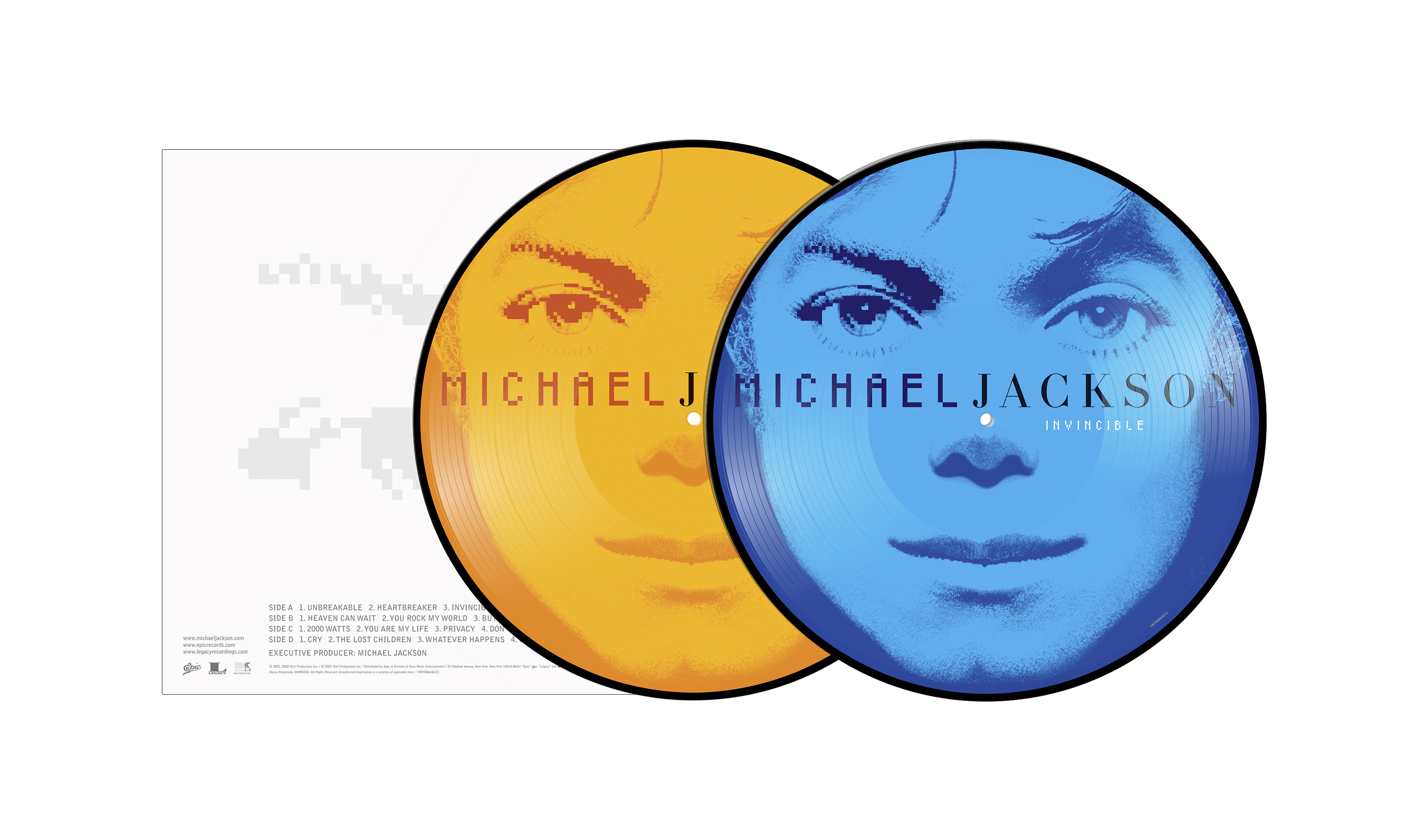 Zwei Michael Jackson 'Invincible' Vinylplatten. Eine ist gelb, die andere blau, mit Jacksons Gesicht und Albuminfo.