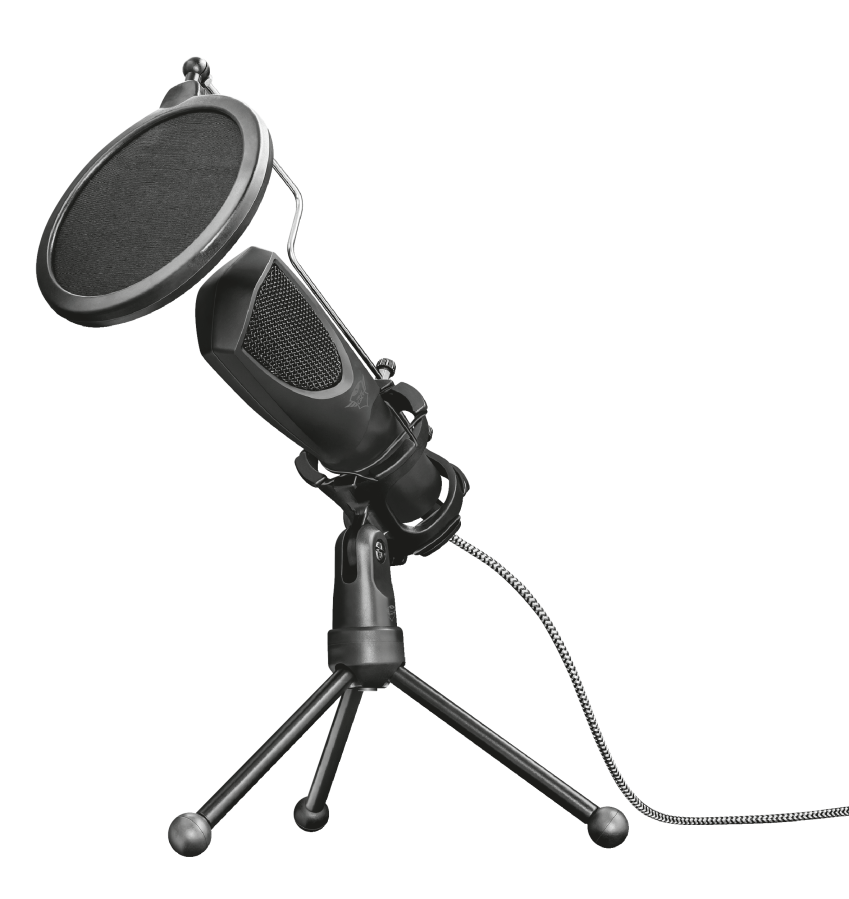 Een zwarte microfoon op een standaard, met een popfilter ervoor. Zwarte achtergrond.