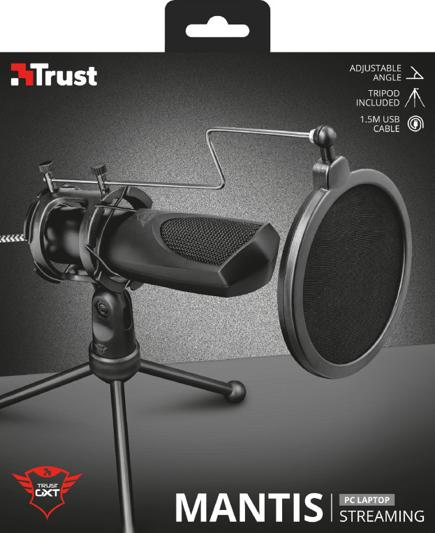 Microfoon op een statief met popfilter. Zwarte kleur, merk Trust. Gepresenteerd in een doos.